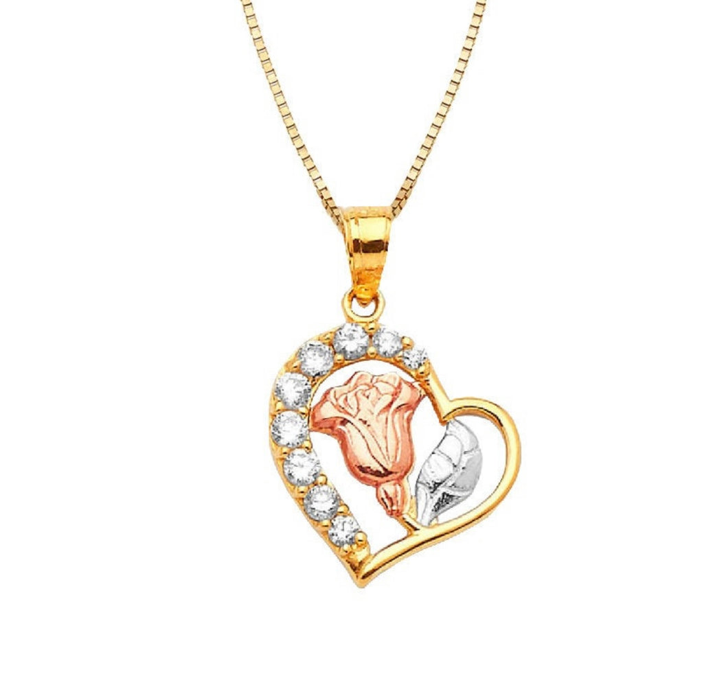 14K Solid Trinity Rose Gold Pendant - Golden Heart Love Pendant - Red Flower CZ Diamond Necklace - White Leaf Necklace