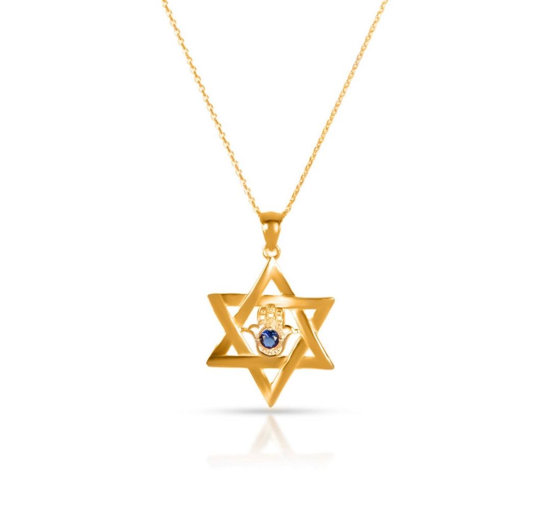 Solid 14k Yellow Gold Diamond Necklace - Star Sapphire Star of David Pendant - Magen David Evil Eye - Star David Necklace