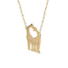 Load image into Gallery viewer, Solid 14K Yellow Gold Giraffe Necklace - Handmade Gold Giraffe Pendant - Minimal Animal Pair Necklace - Animal Love Pendant
