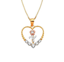 Load image into Gallery viewer, TriColor 14K Solid Rose Gold Pendant - Heart Shaped Love Pendant - Red Flower CZ Diamond Necklace - Anniversary white Necklace
