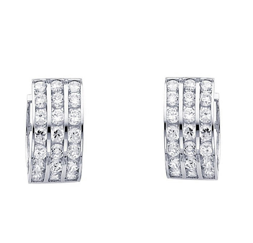 High Quality White Gold 14K Solid Huggie - 3 Row Diamond Hoop Earrings - Cubic Zirconia Hoop Huggie 12mm 5.1mm