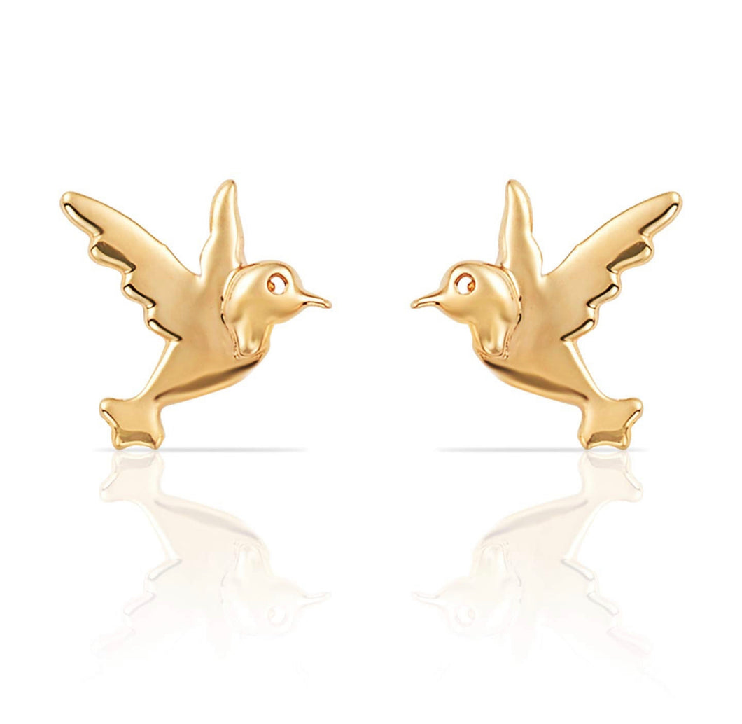 Hummingbird Solid 14K Gold Earrings - Yellow Simple Animal Lover Stud - Tiny Beauty Birds Earrings - Push Back 6mm Jewelry