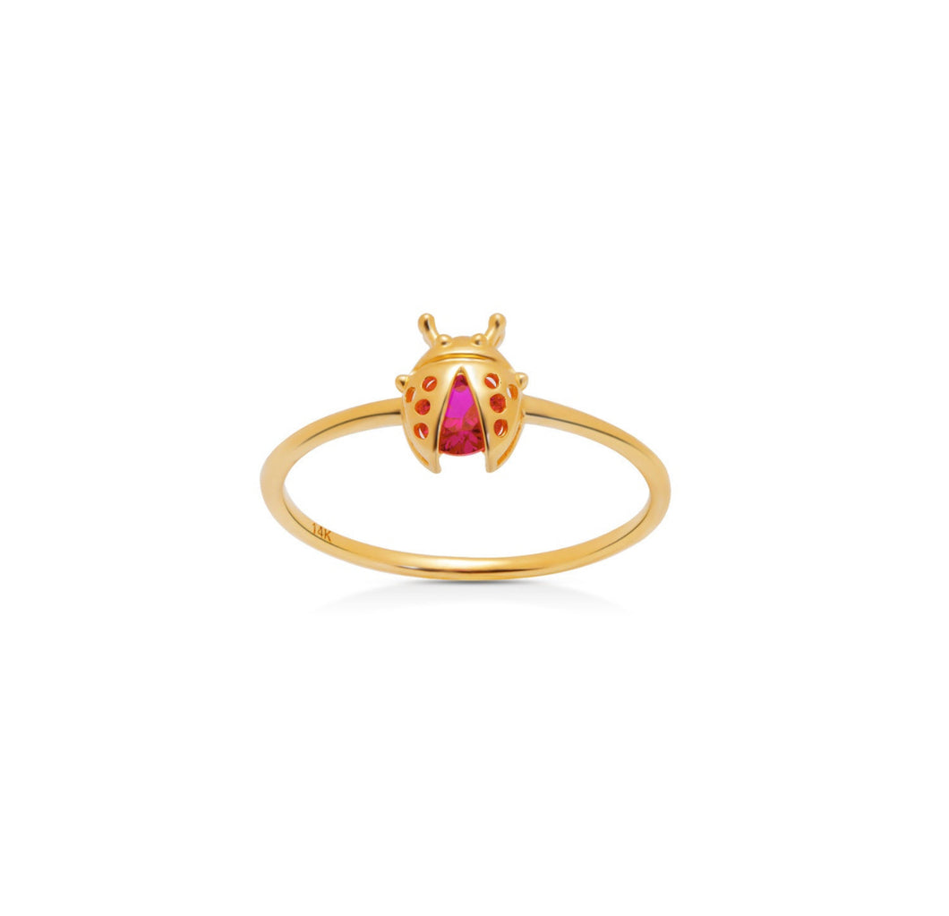 Ladybug Solid 14k Yellow Gold - Stacking Nature Inspired Jewelry - Cute Red ladybird real Gold - Animal Lover Good Luck Ring