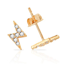 Load image into Gallery viewer, Lightning Bolt 14k Solid Gold Earrings - Minimalist Yellow Stud Earrings - Tiny Charm CZ Diamond Earrings - 5/9 Push Back Jewelry
