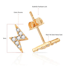 Load image into Gallery viewer, Lightning Bolt 14k Solid Gold Earrings - Minimalist Yellow Stud Earrings - Tiny Charm CZ Diamond Earrings - 5/9 Push Back Jewelry
