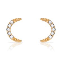 Load image into Gallery viewer, Moon 14k Real Solid Gold Stud Earrings - Yellow Dainty Crescent Moon Stud -Tiny Cubic Zirconia Diamond Earrings - Push Back Celestial 5/8 mm
