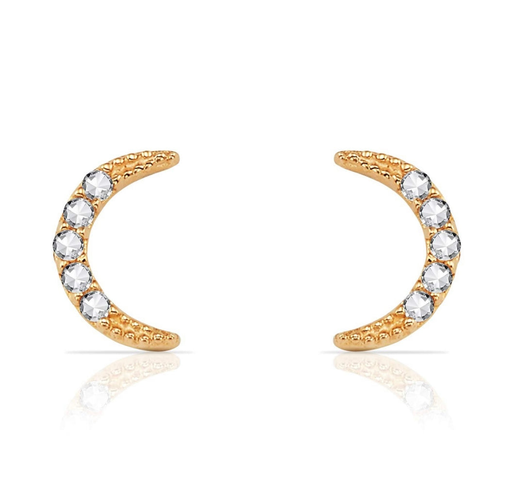 Moon 14k Real Solid Gold Stud Earrings - Yellow Dainty Crescent Moon Stud -Tiny Cubic Zirconia Diamond Earrings - Push Back Celestial 5/8 mm