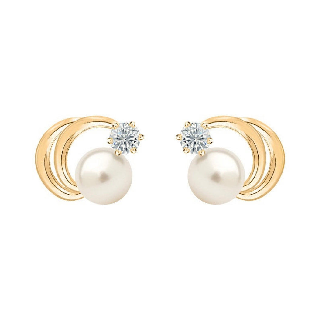 Moon and Star Pearl Gold Earrings - Solid 14K CZ Diamond Screw Back - White Yellow 7mm 9mm Gold Earrings - Sold By Paris