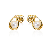 Load image into Gallery viewer, Oval Shaped Pearl Solid 14k Gold Earrings - 3 Pearl CZ Diamond Yellow Stud - Round Ball Pearl Earrings - Cartilage Tragus 5mm 7mm
