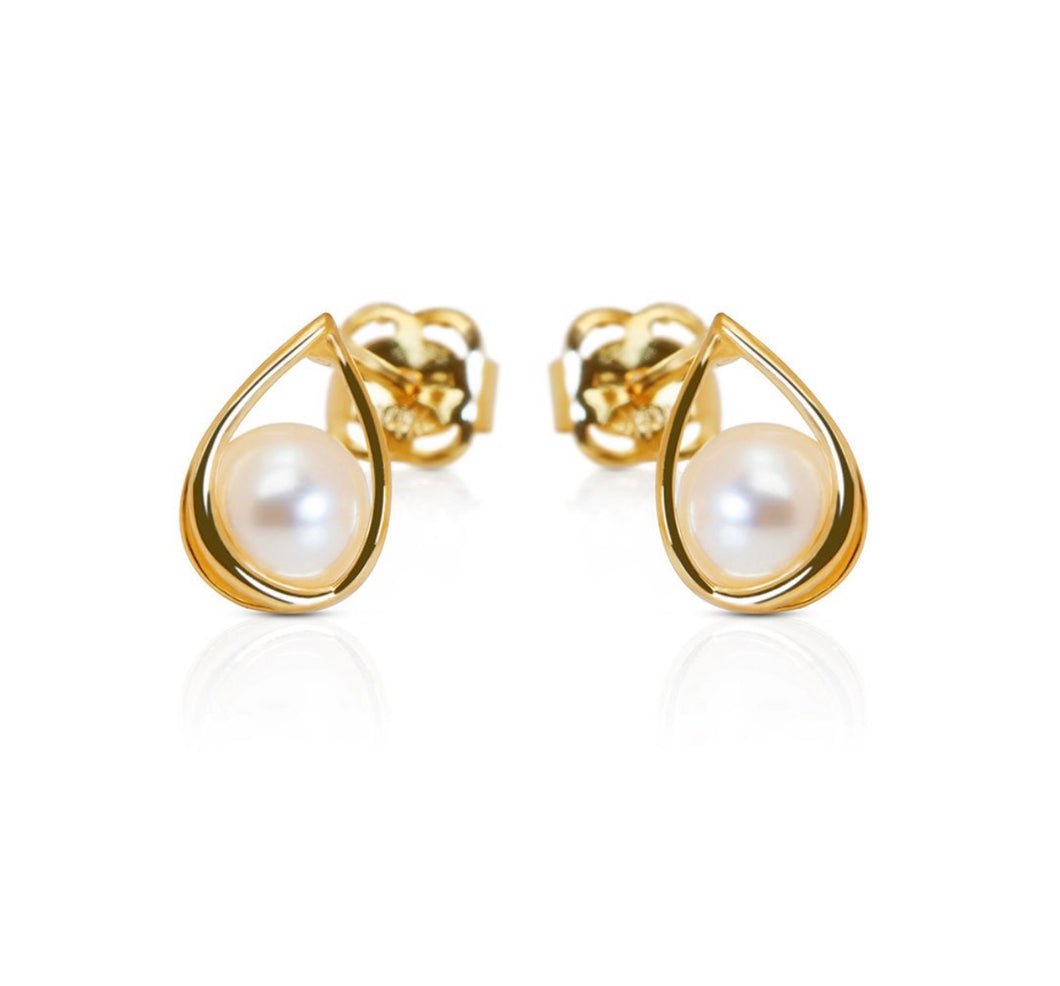 Oval Shaped Pearl Solid 14k Gold Earrings - 3 Pearl CZ Diamond Yellow Stud - Round Ball Pearl Earrings - Cartilage Tragus 5mm 7mm