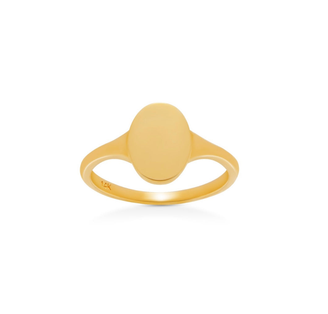 Oval Shaped Solid 14K Gold Disc Ring - Minimalist Round Circle Ring - Yellow Signet Ring - High Quality real Gold Jewelry