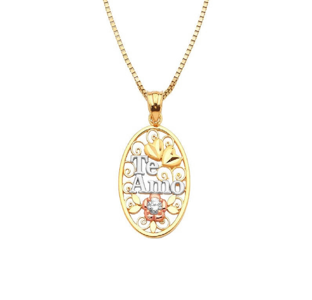 14K Solid TriColor Rose Gold Pendant - Golden Heart Pendant - Red Flower CZ Diamond Necklace - Oval shaped White Te Amo Love Necklace -