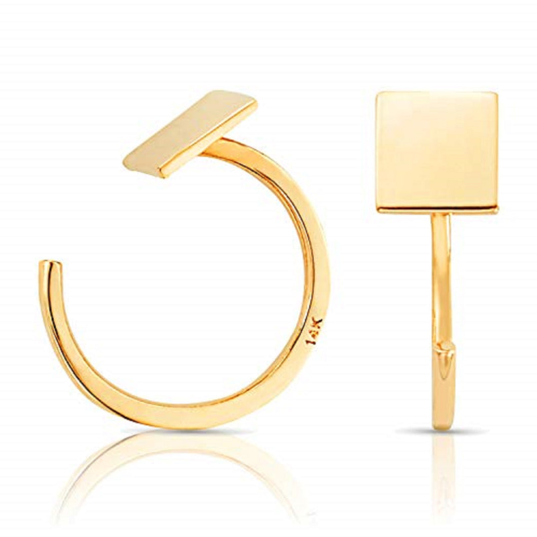 Simple Square Mini Slip On Huggie Cuff - Solid 14K Yellow Gold Earrings - Dainty Ear Cuff 11 mm bar