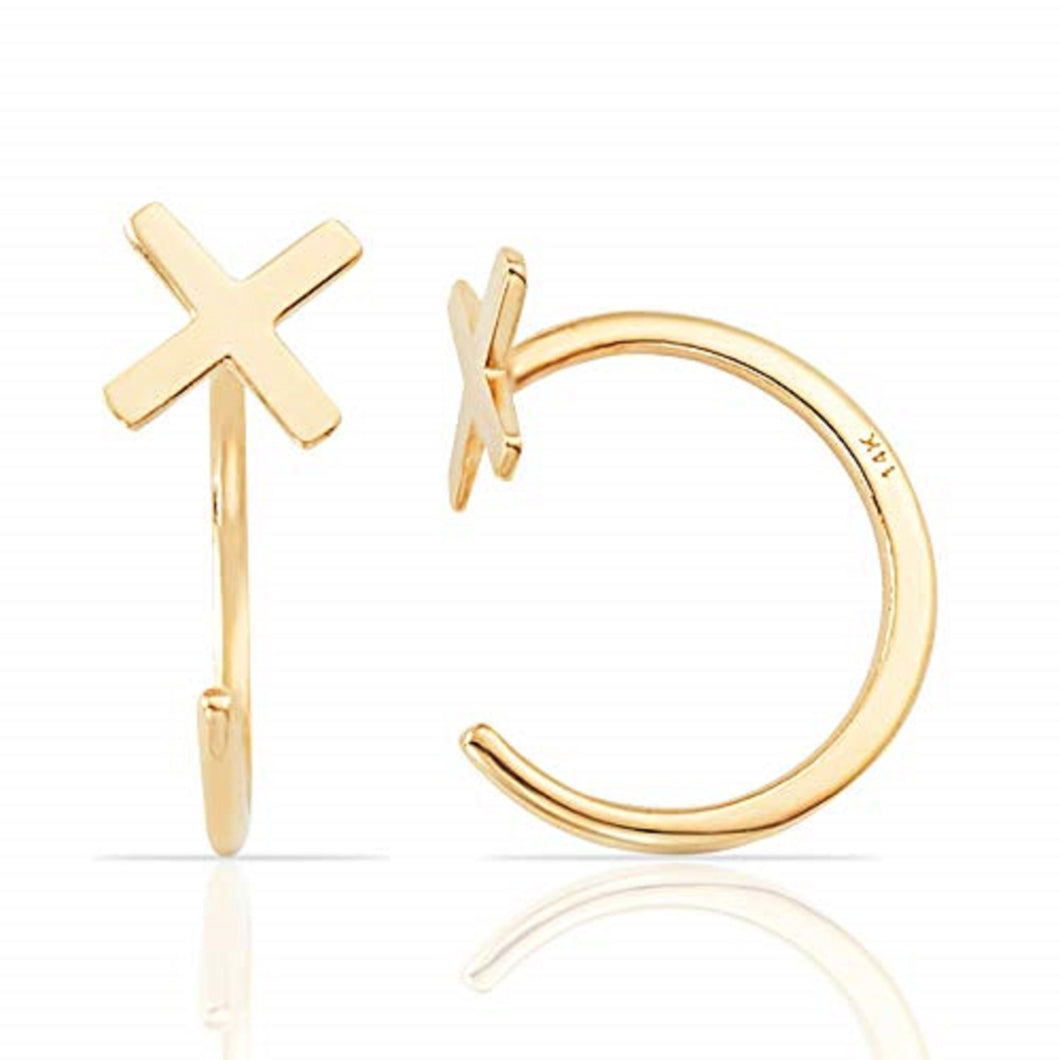 Simple Mini X Huggie Earrings - Solid 14K Yellow Gold Cuff - Buy3 Get 1 Free - Handmade Dainty Earlobe All sizes