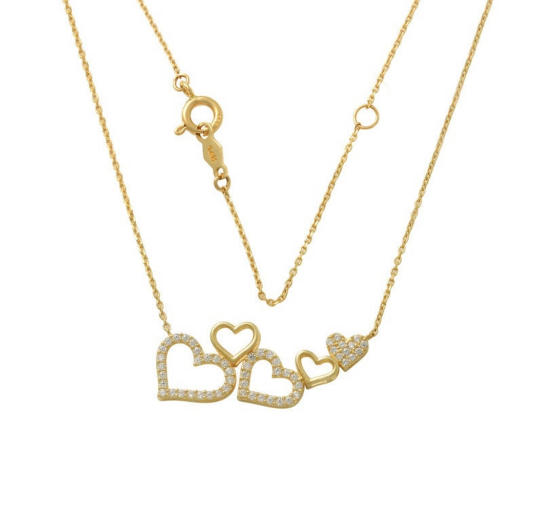 Solid 14k Yellow Gold Diamond Necklace- Romantic Hand Made Multi Heart Pendant