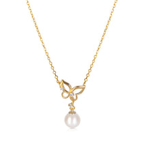 Load image into Gallery viewer, Solid 14k Yellow Gold Butterfly Holding Pearl Necklace - Minimalistic Diamond Pendant - Round Ball Pearl Necklace - Floating Pearl Pendant
