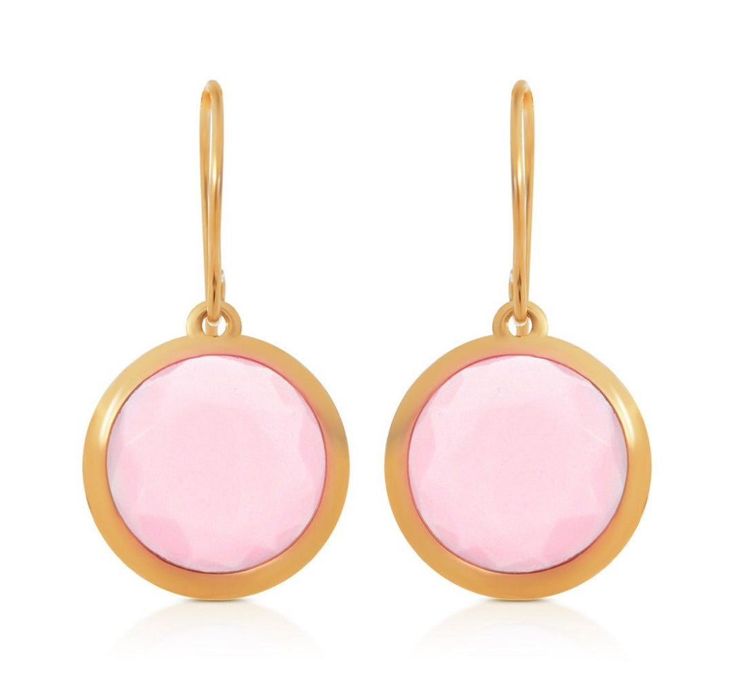 Round Circle Dangle Earrings - Solid 14k Yellow Teardrop Gold Minimalist Jewelry - Pink Earrings