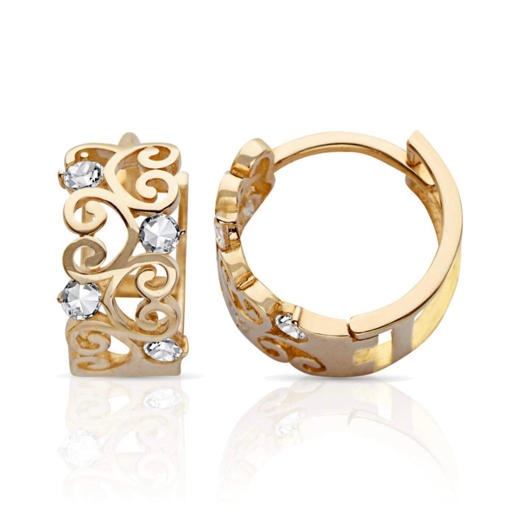 Solid 14K Yellow Gold Earrings - Round Huggie Heart With Round Cut CZ - Cubic Zirconia Earrings