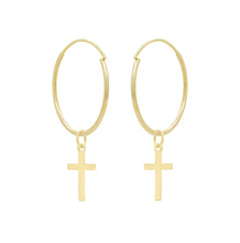 Load image into Gallery viewer, Solid 14K Gold Cross Dangle Earrings - Religious Huggie Hoop - Hypoallergenic Dainty Hoop - Minimalist Charming Huggie
