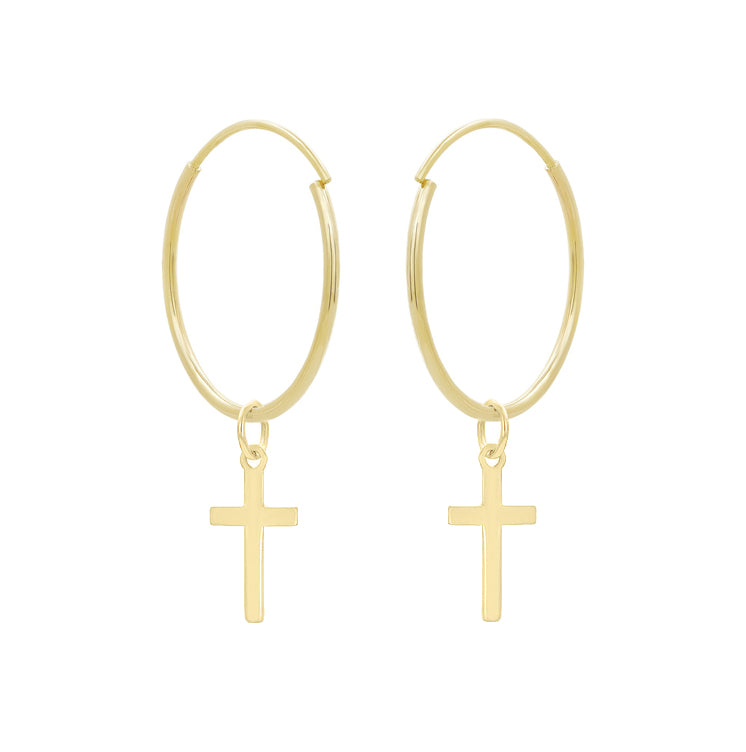 Solid 14K Gold Cross Dangle Earrings - Religious Huggie Hoop - Hypoallergenic Dainty Hoop - Minimalist Charming Huggie