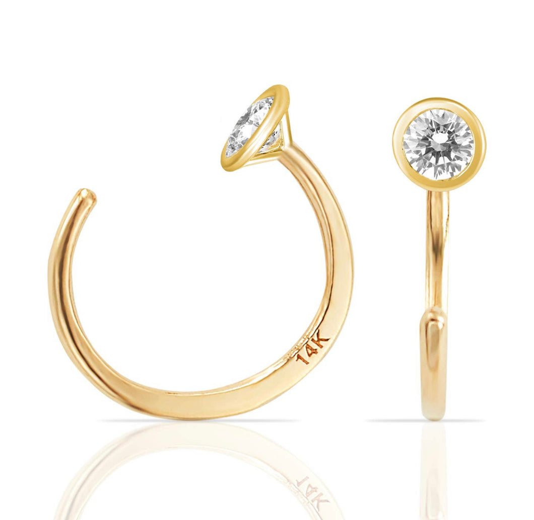 Simple 14K Yellow Gold Bezel Set Earrings - Mini Diamond Huggie Cuff - Cubic Zirconia Wrap 11mm - 2022 New Year Christmas Jewelry Style Gift