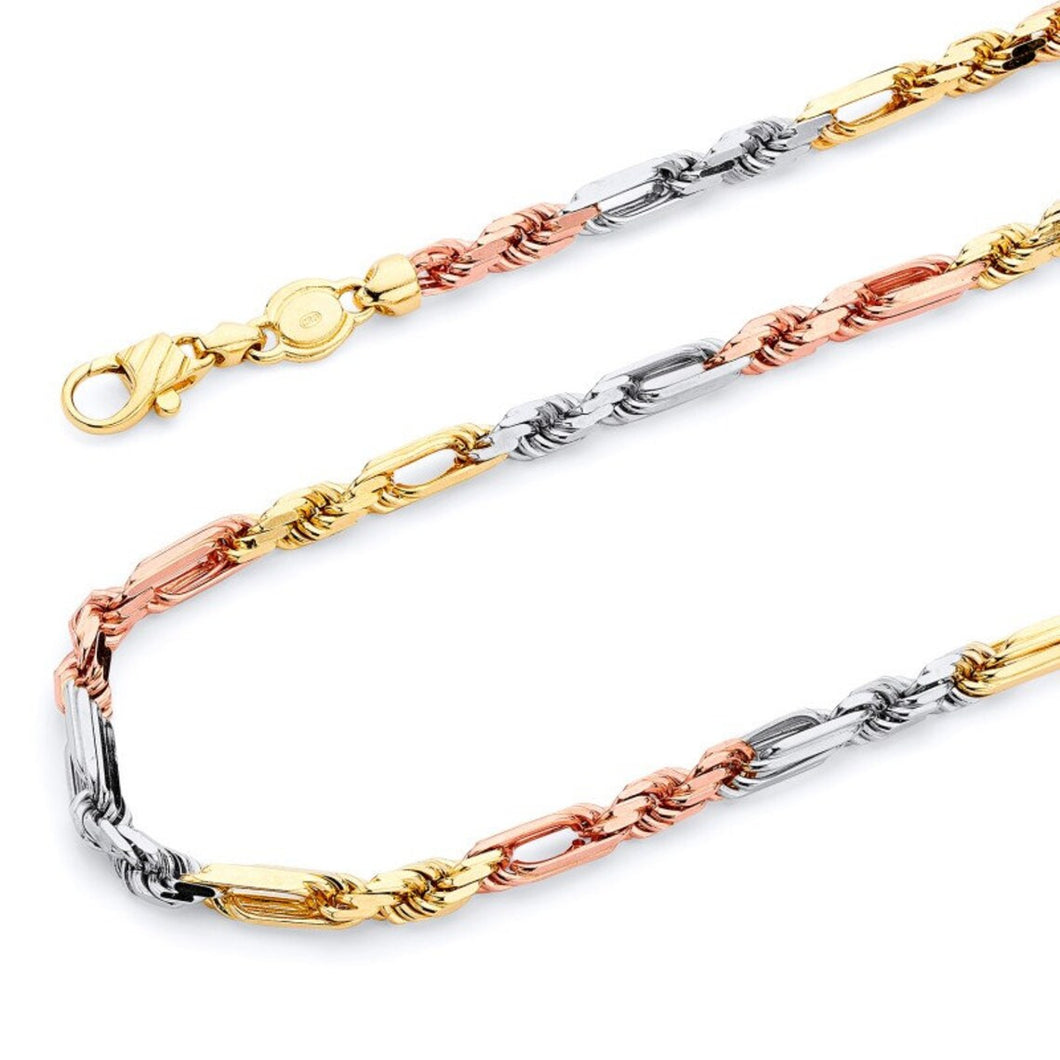 Solid 14K Tri-Color Gold Milano Chain - Real Italian Unisex Necklace - Solid Figaro Rope Gold Chain - All sizes figaro chain