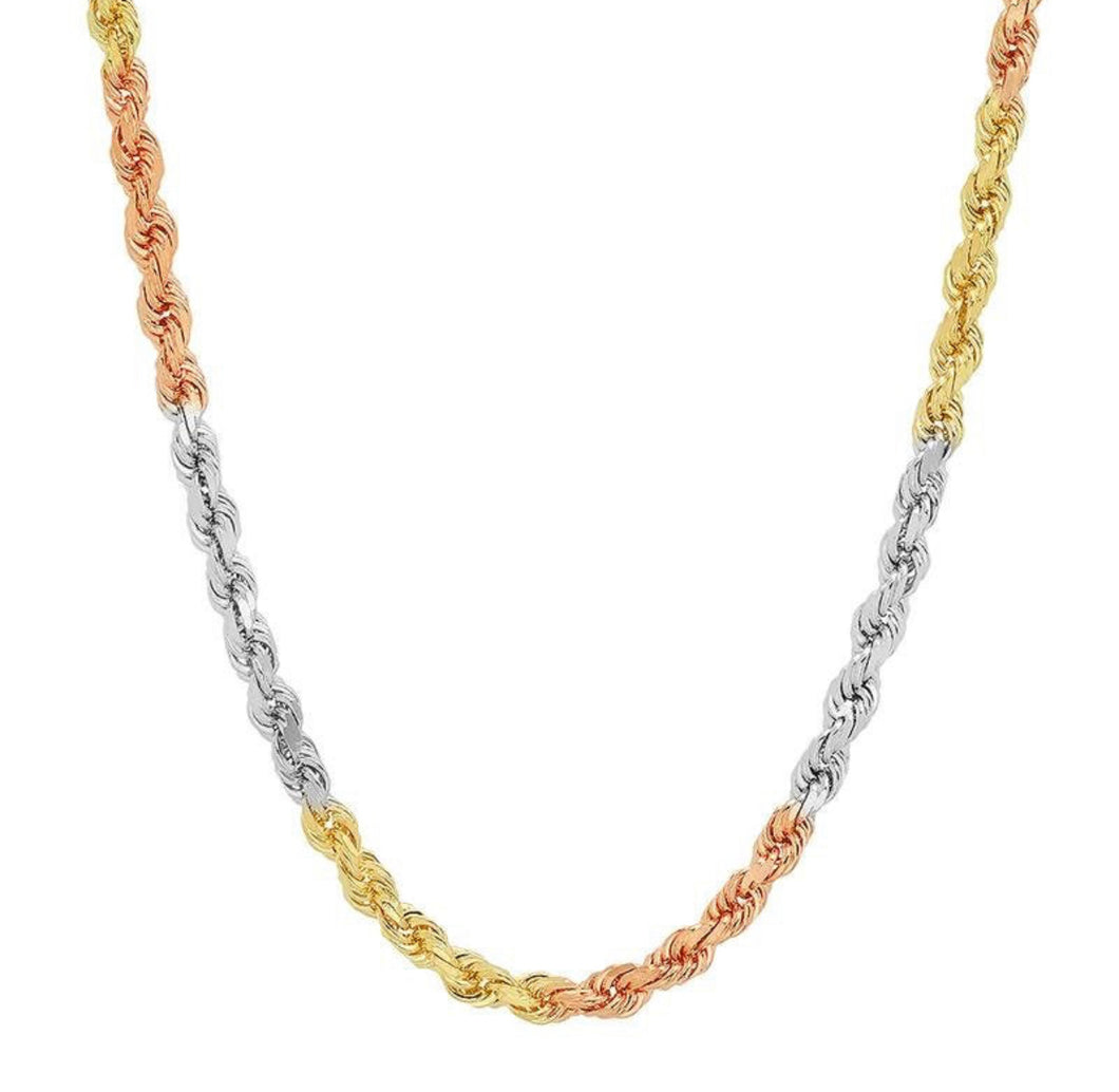 Solid 14K Tri-Color Gold Rope Chain Necklace, 14K Gold Rope Chain, 1.5mm-4.5mm 16''- 30'', Men, Woman