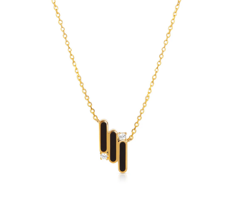 Solid 14k Yellow Gold Diamond 3 Line Onyx Necklace - Yellow Minimalist Bar Necklace - Modern Everyday Chain, Balck Gemstone Elegant