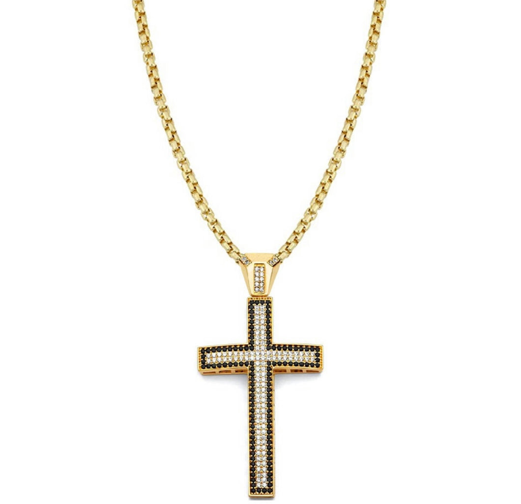 Onyx Cross Solid 14k Gold CZ Diamond Necklace - Yellow Religious Pendant - Extra large Cubic Zirconia Baptism Gift -Diamond Crucifix Necklace