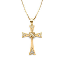 Load image into Gallery viewer, Solid 14k Yellow Gold Bow Tie Necklace - Tiny Cross Religious Pendant - White Diamond Baptism Gift - Cubic Zirconia Crucifix Necklace
