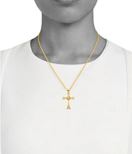 Load image into Gallery viewer, Solid 14k Yellow Gold Bow Tie Necklace - Tiny Cross Religious Pendant - White Diamond Baptism Gift - Cubic Zirconia Crucifix Necklace
