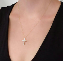 Load image into Gallery viewer, Solid 14k Yellow Gold Diamond Necklace - Tiny Cross Religious Pendant - White Diamond Baptism Gift - Crucifix Necklace
