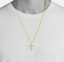 Load image into Gallery viewer, Solid 14k Yellow Gold Diamond Necklace - Tiny Cross Religious Pendant - White Diamond Baptism Gift - Crucifix Necklace
