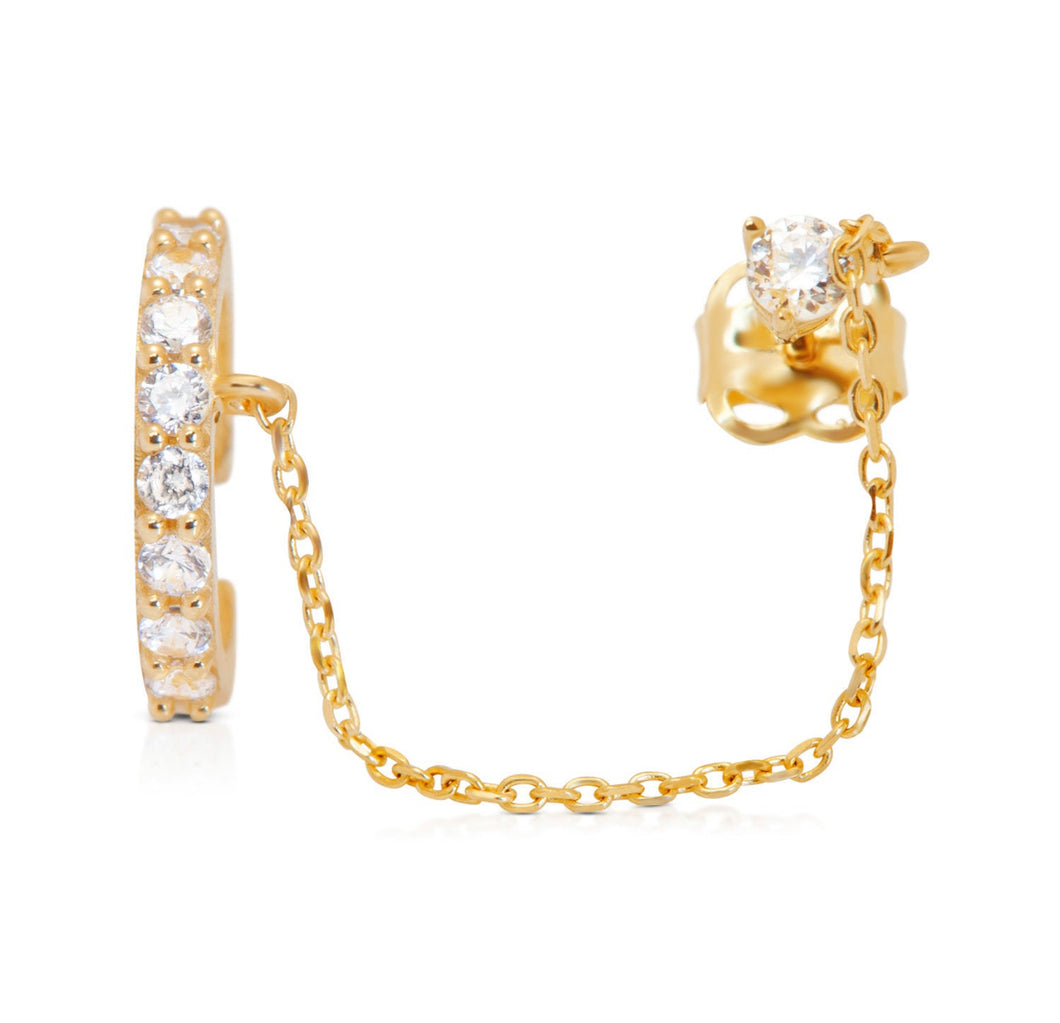 Solid 14k Yellow Gold Cuff Earring - Diamond Long Chain Threader Stud - Crystal Drop Cubic zirconia Wrap 2mm 10mm
