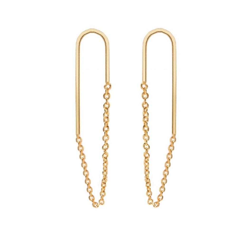 Solid 14k Yellow Gold Drop Chain Stud Earring