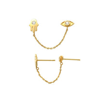 Load image into Gallery viewer, Solid 14k Yellow Gold Evil Eye earrings - Diamond Hamsa Chain Stud - Prosperity Protection Luck Earrings - Cubic Zirconia Push Back 5mm
