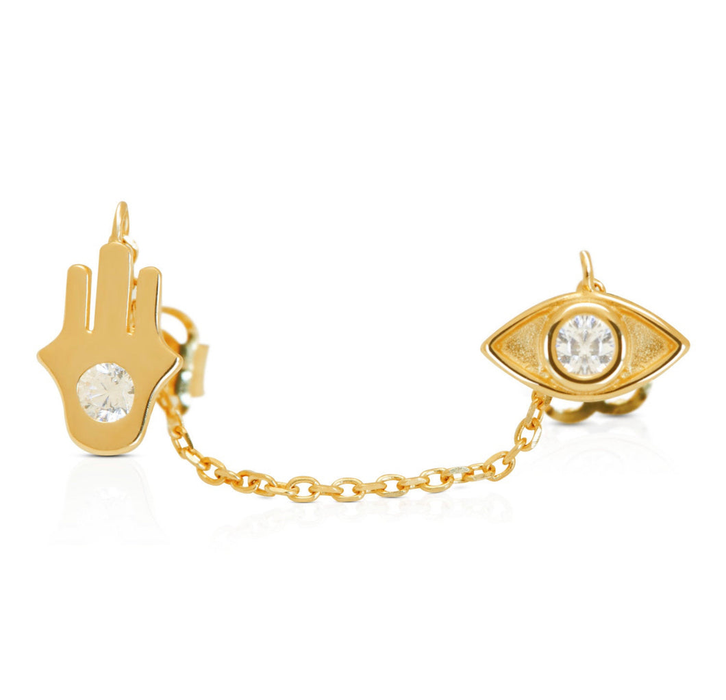 Solid 14k Yellow Gold Evil Eye earrings - Diamond Hamsa Chain Stud - Prosperity Protection Luck Earrings - Cubic Zirconia Push Back 5mm