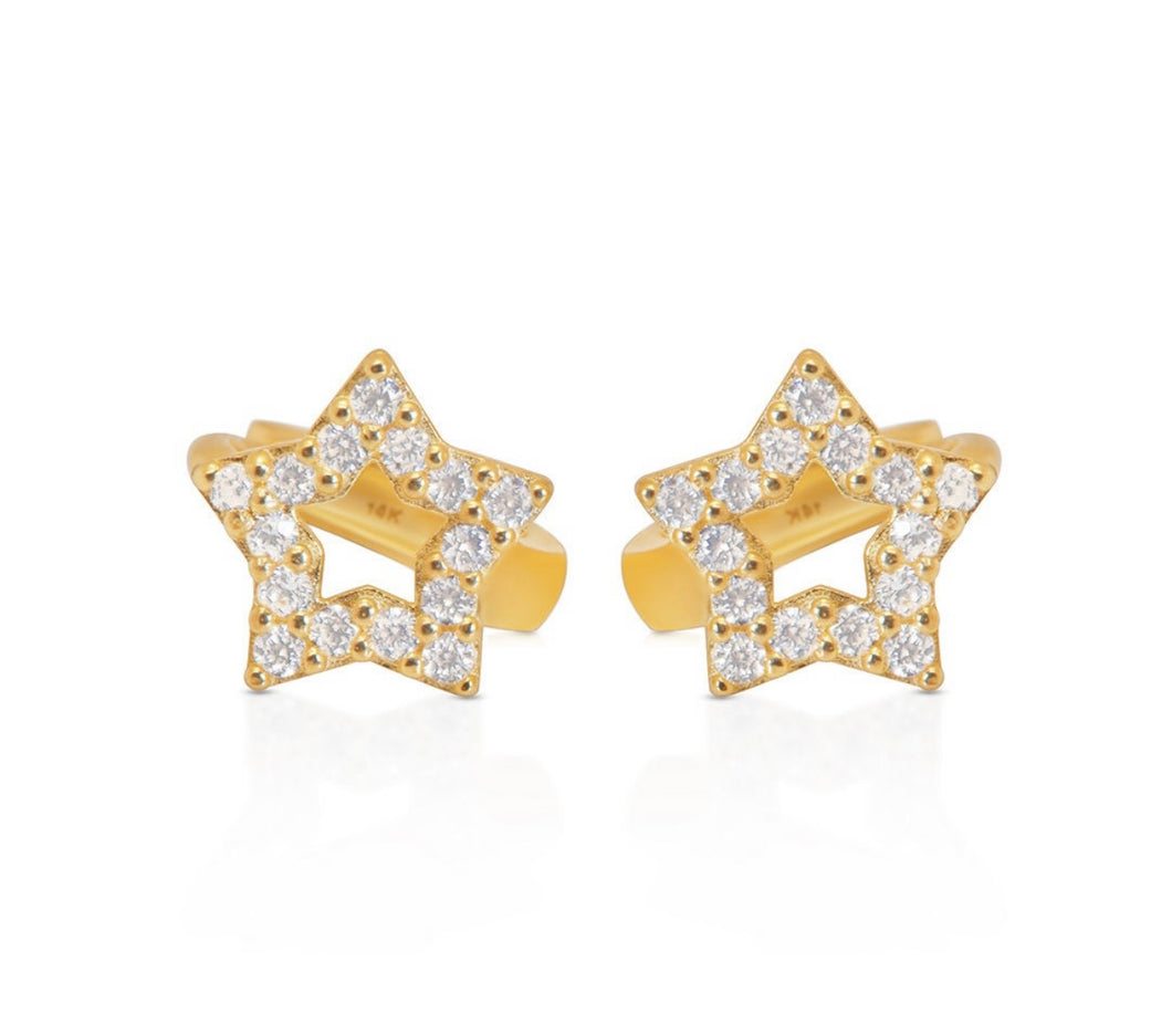 Star Solid 14k Yellow Gold Hoop, Tiny Cubic Zirconia Diamond Earring, Minimalist Women Huggie, Celestial Unisex Jewelry, Dainty Stylish Set