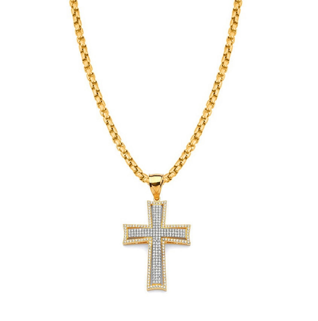 Solid 14k Yellow Gold Jesus Cross Necklace - Elegant CZ Diamond Religious Pendant - Extra Large Baptism Gift -White Diamond Crucifix Pendant