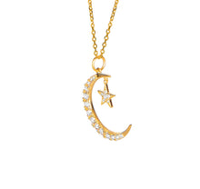 Load image into Gallery viewer, Solid 14k Yellow Gold Moon and Star Diamond Necklace, Dainty Crescent Charm Pendant - Elegant Moon and Star Necklace - Star Necklace
