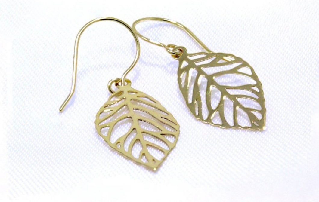 Solid 14k Yellow Gold Openwork Leaf Drop Earrings - Real Gold Tree Earrings Jewelry