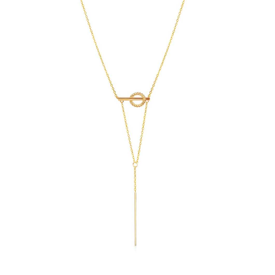 Solid 14k Yellow Gold T Bar Necklace - Circle T Bar Drop Pendant - Elegant Vertical Bar Necklace - Horizontal Bar pendant