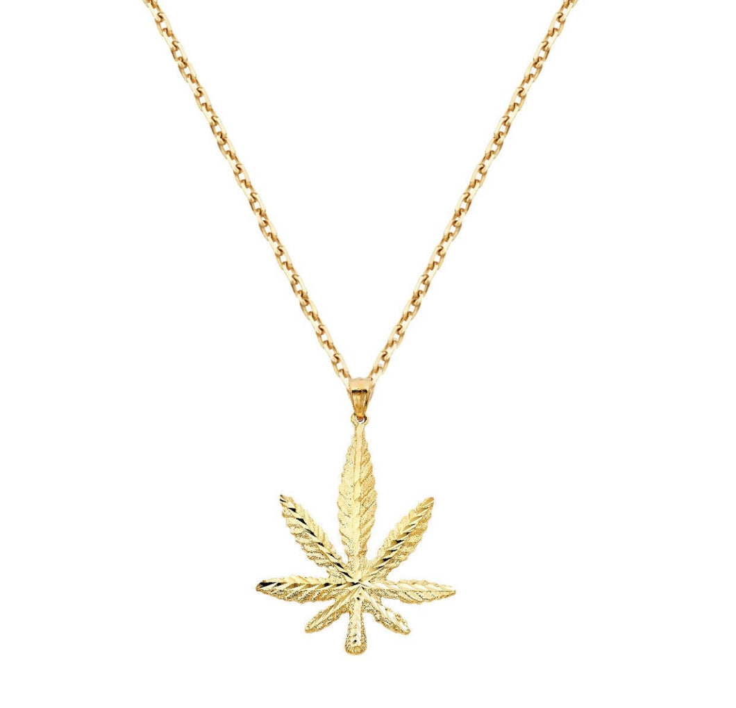 Solid 14k Yellow Gold Weed Necklace - Cannabis Charm Pendant - Marijuana Leaf Jewelry - Pot Tiny Delicate Necklace - 18