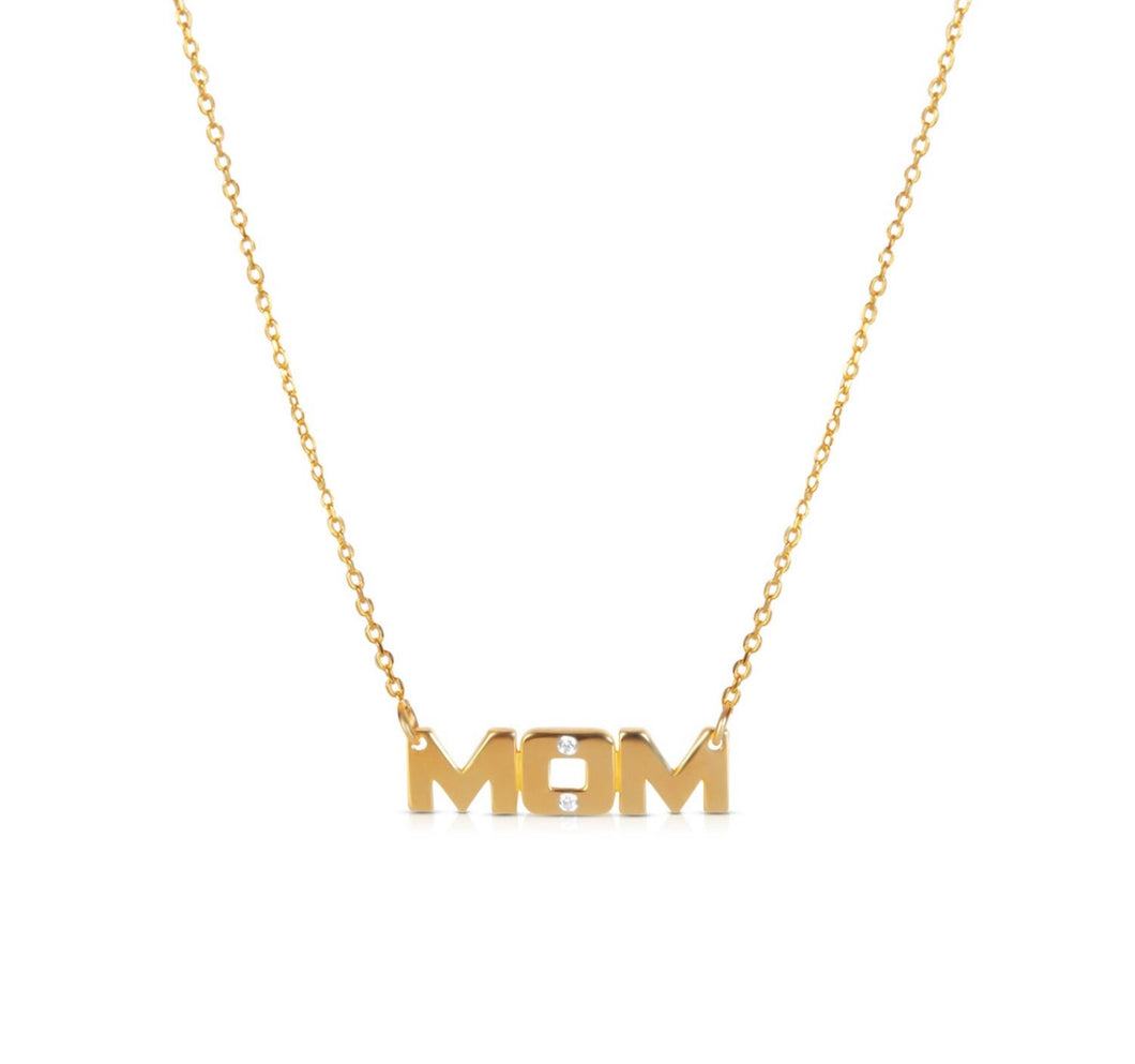 Solid 14k Yellow Mom Charm Necklace - Mothers Day CZ Diamond Pendant Gift - I Love You Mom Pendant