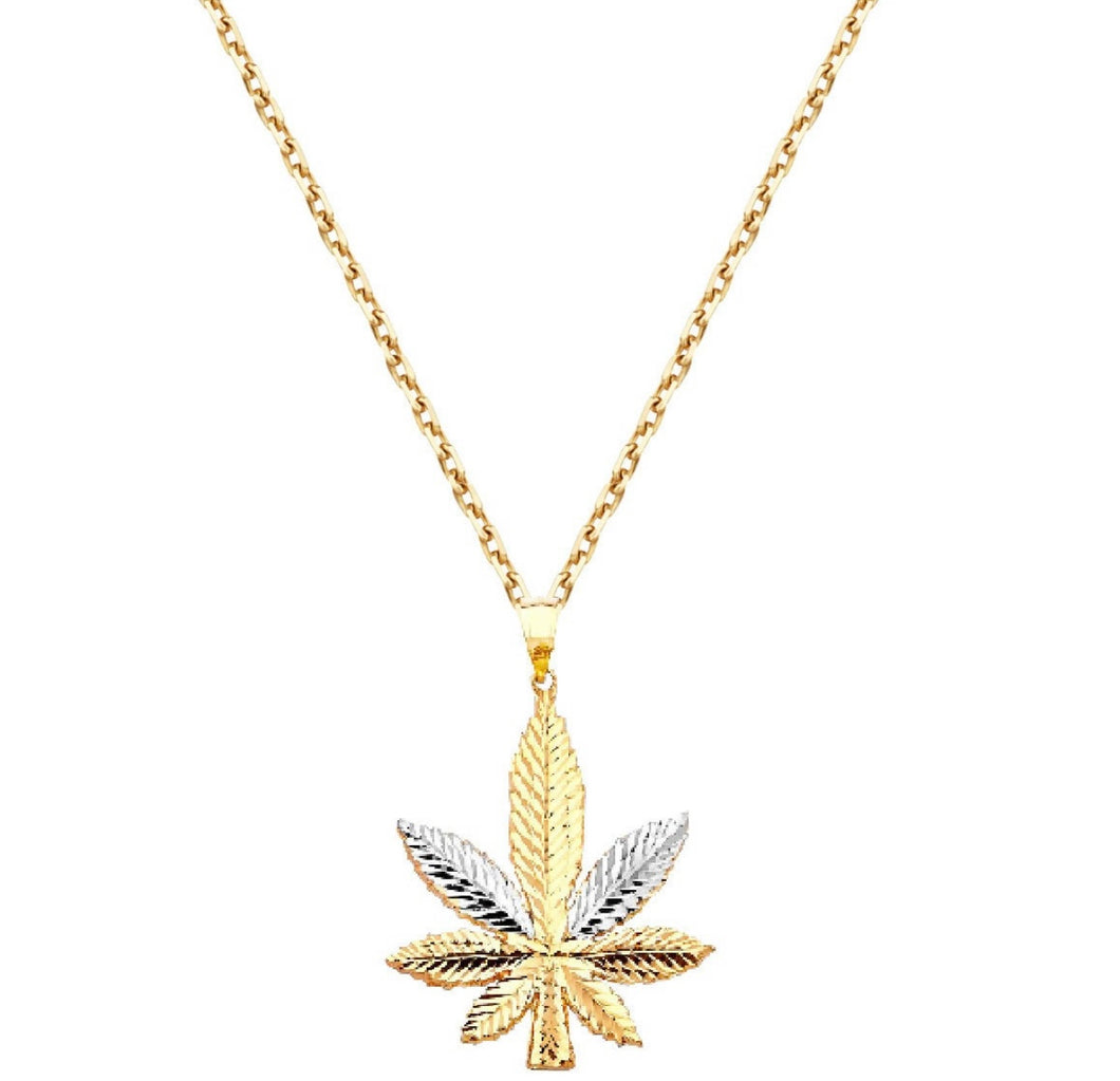 Solid 14k Yellow/White Gold Weed Necklace - Cannabis Charm Real Gold Pendant - Marijuana Leaf Jewelry - Pot Tiny Delicate Necklace