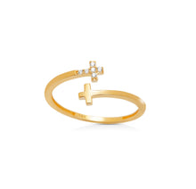 Load image into Gallery viewer, Solid Double Wrap Sideways Cross Ring - By Pass Solid 14K Yellow Gold - Adjustable Religious Zirconia Ring
