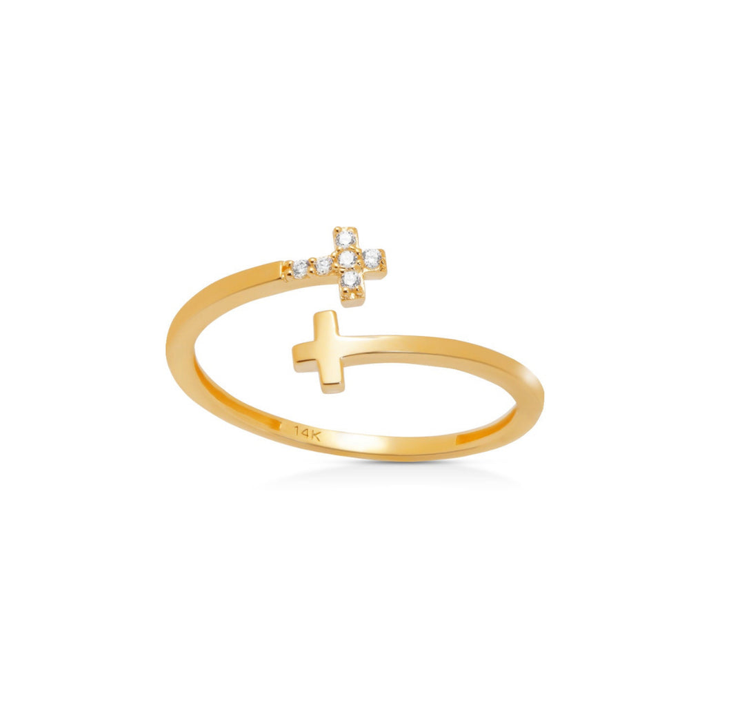 Solid Double Wrap Sideways Cross Ring - By Pass Solid 14K Yellow Gold - Adjustable Religious Zirconia Ring