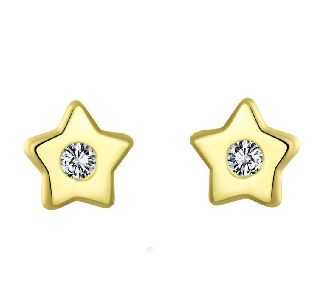 Star 14k Real Solid Gold Stud - Yellow Dainty Crescent Earrings - Tiny CZ Diamond Earrings - Push Back Celestial 5/11 mm