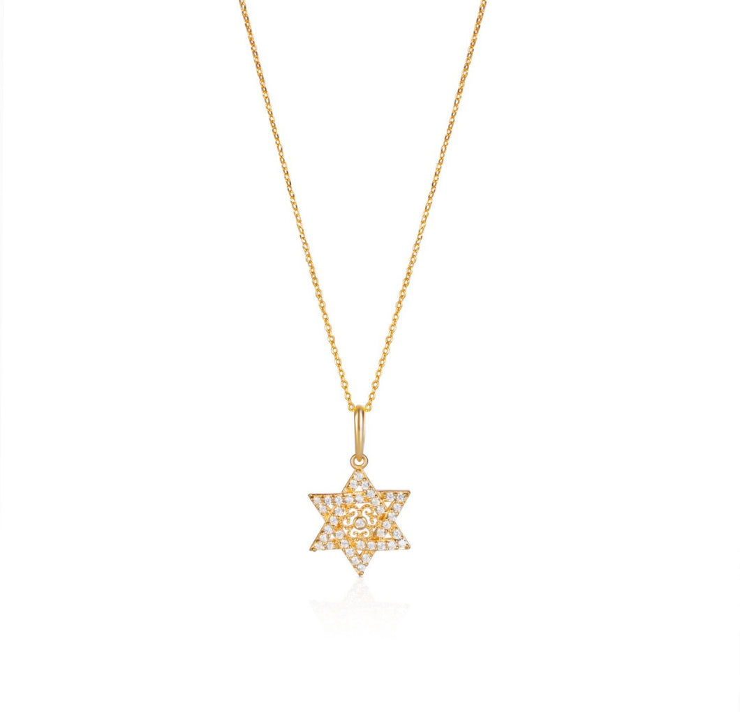 Solid 14k Yellow Gold Diamond David Star Necklace - David Star Yellow Gold Delicate Pendant - Diamond Religious Necklace - 14k Diamond Star