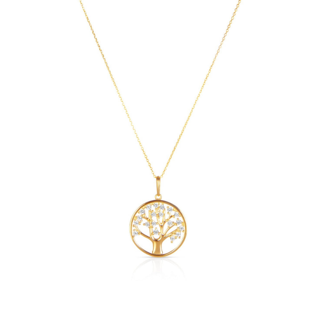 Tree Of Life Solid 14k Yellow Gold Necklace - Delicate Family Pendant - Diamond Round Tree Pendant - Good Luck Jewelry